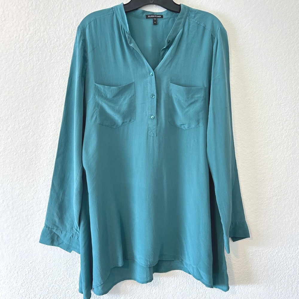 Eileen Fisher Teal Blue 100% Silk Button Front Tunic Top‎ SZ S